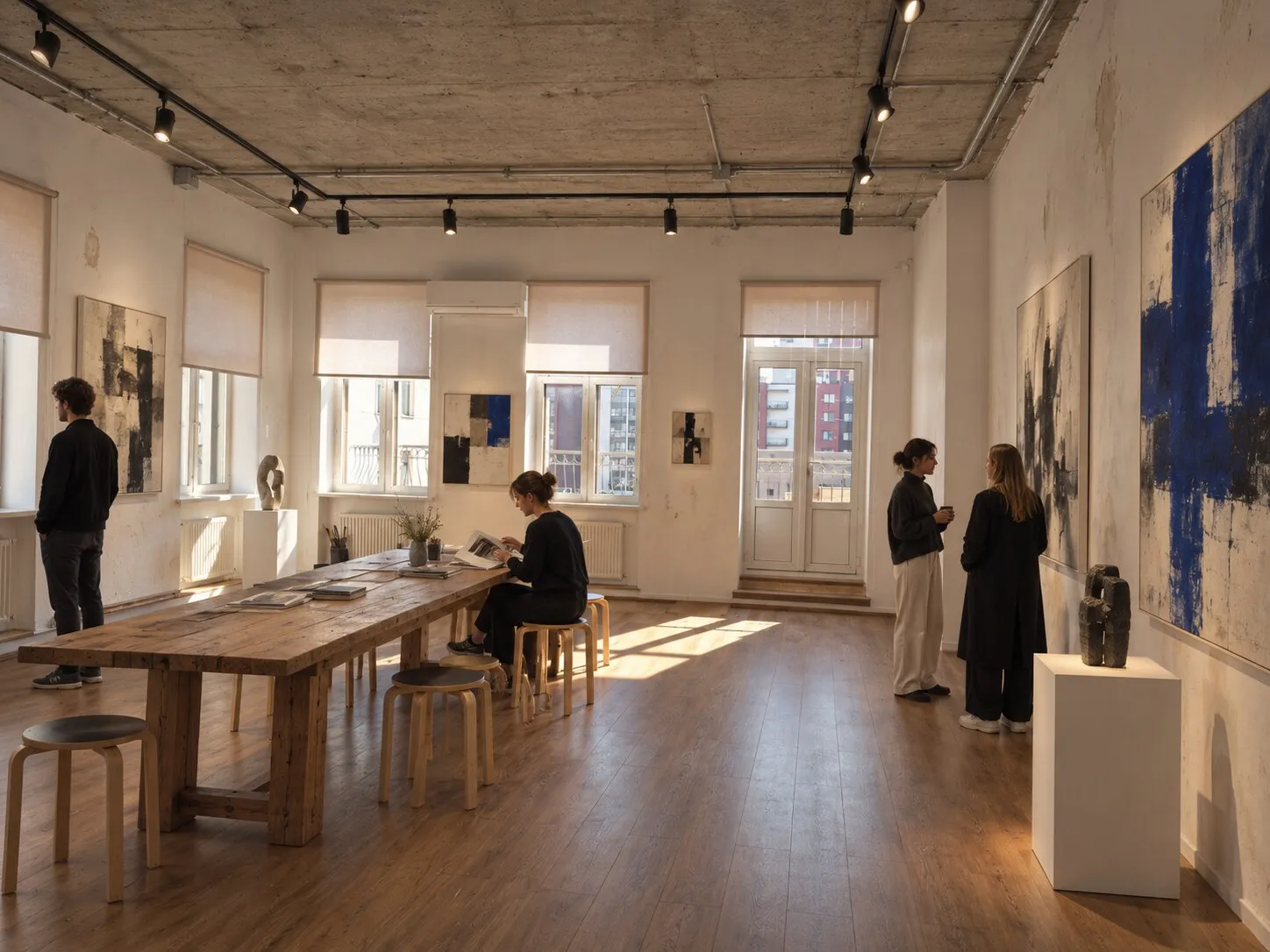 ARTHOUSE galerija – tapybos darbai ant sienų ir ilgas medinis stalas