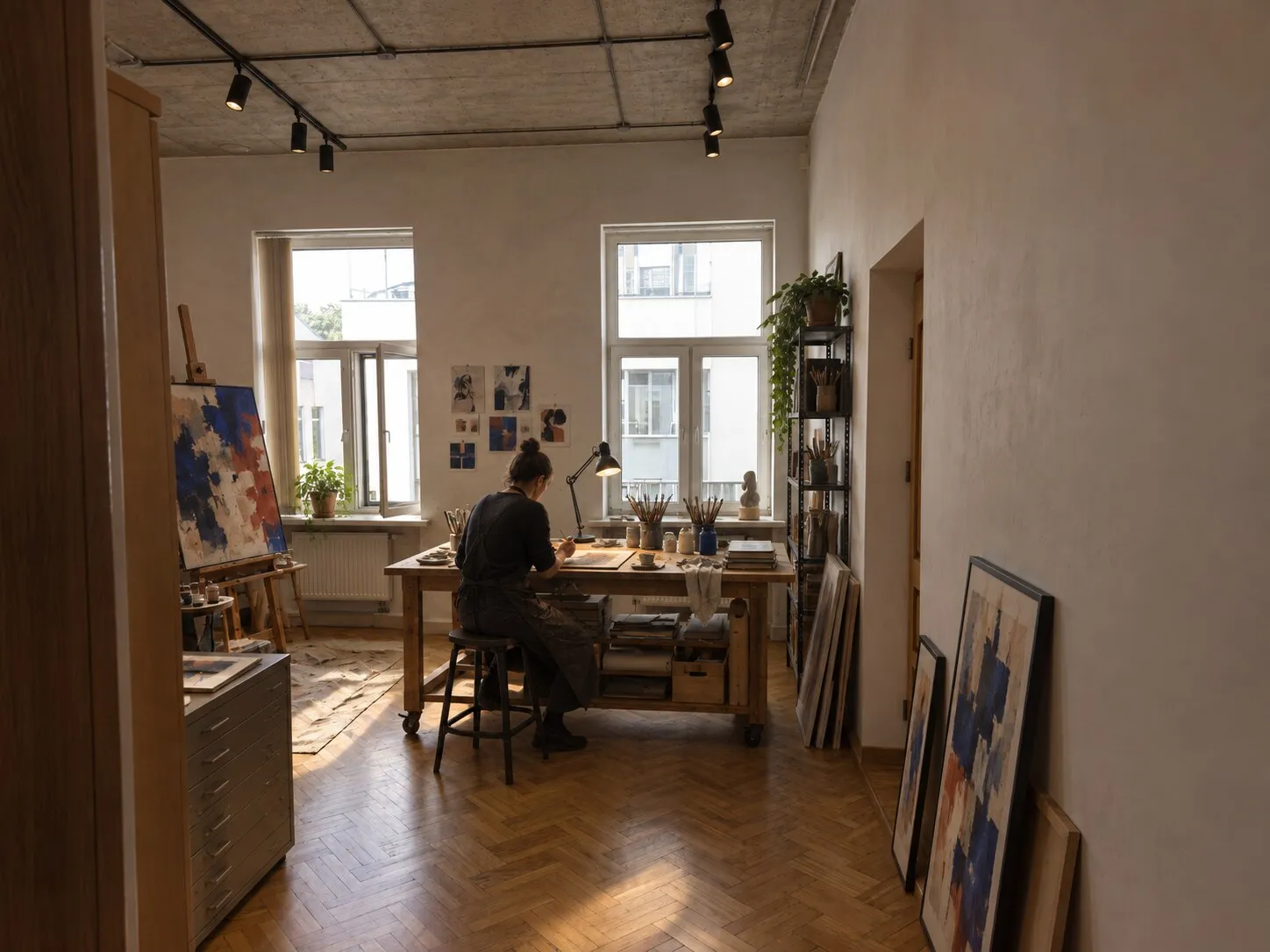 Menininkės studija ARTHOUSE – molbertas, darbo stalas ir parketas